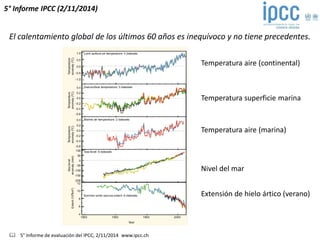 5° Informe IPCC (2/11/2014) 
El calentamiento global de los últimos 60 años es inequívoco y no tiene precedentes. 
Temperatura aire (continental) 
Temperatura superficie marina 
Temperatura aire (marina) 
Nivel del mar 
Extensión de hielo ártico (verano) 
 5° Informe de evaluación del IPCC, 2/11/2014 www.ipcc.ch 
 