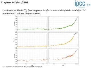 5° Informe IPCC (2/11/2014) 
La concentración de CO2 (y otros gases de efecto invernadero) en la atmósfera ha 
aumentado a valores sin precedentes. 
 5° Informe de evaluación del IPCC, 2/11/2014 www.ipcc.ch 
 