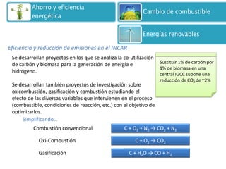 Eficiencia y reducción de emisiones en el INCAR 
Se desarrollan proyectos en los que se analiza la co-utilización de carbón y biomasa para la generación de energía e hidrógeno. 
Se desarrollan también proyectos de investigación sobre oxicombustión, gasificación y combustión estudiando el efecto de las diversas variables que intervienen en el proceso (combustible, condiciones de reacción, etc.) con el objetivo de optimizarlos. 
C + H2O → CO + H2 
C + O2 + N2 → CO2 + N2 
C + O2 → CO2 
Combustión convencional 
Oxi-Combustión 
Gasificación 
Simplificando… 
Sustituir 1% de carbón por 1% de biomasa en una central IGCC supone una reducción de CO2 de ~2%  