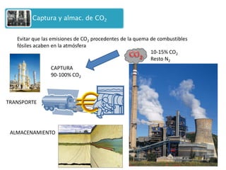 Evitar que las emisiones de CO2 procedentes de la quema de combustibles 
fósiles acaben en la atmósfera 
10-15% CO2 
Resto N2 
CAPTURA 
90-100% CO2 
TRANSPORTE 
ALMACENAMIENTO 
 