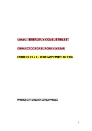 CURSO “ENERGÍA Y COMBUSTIBLES”
ORGANIZADO POR EL FORO NUCLEAR
ENTRE EL 21 Y EL 29 DE NOVIEMBRE DE 2008

PARTICIPANTE: NURIA LÓPEZ VARELA

1

 