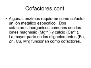 Cofactores cont. Algunas enzímas requieren como cofactor un ión metálico específico.  Dos cofactores inorgánicos comunes son los iones magnesio (Mg ++  )   y calcio (Ca ++  ).  La mayor parte de los oligoelementos (Fe, Zn, Cu, Mn) funcionan como cofactores. 