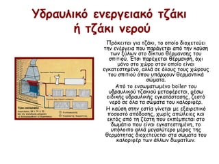 Υδραυλικό ενεργειακό τζάκι
ή τζάκι νερού
Πρόκειται για τζάκι, το οποίο διοχετεύει
την ενέργεια που παράγεται από την καύση
των ξύλων στο δίκτυο θέρμανσης του
σπιτιού. Έτσι παρέχεται θέρμανση, όχι
μόνο στο χώρο στον οποίο είναι
εγκατεστημένο, αλλά σε όλους τους χώρους
του σπιτιού όπου υπάρχουν θερμαντικά
σώματα.
Από το ενσωματωμένο boiler του
υδραυλικού τζακιού μεταφέρεται, μέσω
ειδικής υδραυλικής εγκατάστασης, ζεστό
νερό σε όλα τα σώματα του καλοριφέρ.
Η καύση στην εστία γίνεται με εξαιρετικό
ποσοστό απόδοσης, χωρίς απώλειες και
εκτός από τη ζέστη που εκπέμπεται στο
δωμάτιο που είναι εγκατεστημένη, το
υπόλοιπο αλλά μεγαλύτερο μέρος της
θερμότητας διοχετεύεται στα σώματα του
καλοριφέρ των άλλων δωματίων.
 