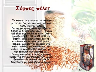 Σόμπες πέλετ
Το κόστος τους κυμαίνεται ανάλογα
με το μέγεθος και την ποιότητα από
€900 έως €2.000.
Για τη χειμερινή σεζόν χρειάζονται
4.000 με 5.000 κιλά πέλετ. Η μέση
τιμή είναι στα €0,28 το κιλό. Οπότε
χρειάζονται 1.120 με €1.400 τον
χρόνο, πολύ χαμηλότερα από το
πετρέλαιο και το ηλεκτρικό ρεύμα.
Βέβαια, χρειάζονται εργασίες στο
σπίτι, καθώς, για παράδειγμα, θα
πρέπει να τοποθετηθεί σωλήνας για
την εξαγωγή των καυσαερίων.
Επίσης απαιτείται κι ένας σχετικός
χώρος για την αποθήκευση των πέλετ.
Επιπλέον, θα πρέπει ανά τακτά
διαστήματα να εφοδιάζεται η σόμπα.
 