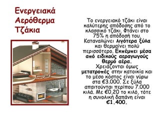 Ενεργειακά
Αερόθερμα
Τζάκια
Το ενεργειακό τζάκι είναι
καλύτερης απόδοσης από το
κλασσικό τζάκι. Φτάνει στο
75% η απόδοσή του.
Καταναλώνει λιγότερα ξύλα
και θερμαίνει πολύ
περισσότερο. Εκπέμπει μέσα
από ειδικούς αεραγωγούς
θερμό αέρα.
Χρειάζονται όμως
μετατροπές στην κατοικία και
το μέσο κόστος είναι γύρω
στα €3.000. Σε ξύλα
απαιτούνται περίπου 7.000
κιλά. Με €0,20 το κιλό, τότε
η συνολική δαπάνη είναι
€1.400.
 