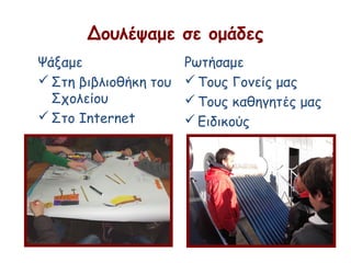 Δουλέψαμε σε ομάδες
Ψάξαμε
Στη βιβλιοθήκη του
Σχολείου
Στο Internet
Ρωτήσαμε
Τους Γονείς μας
Τους καθηγητές μας
Ειδικούς
 