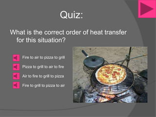 Quiz:
What is the correct order of heat transfer
 for this situation?

    Fire to air to pizza to grill

    Pizza to grill to air to fire

    Air to fire to grill to pizza

    Fire to grill to pizza to air
 