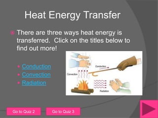 Heat Energy Transfer
   There are three ways heat energy is
    transferred. Click on the titles below to
    find out more!

     Conduction
     Convection
     Radiation




Go to Quiz 2       Go to Quiz 3
 