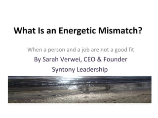 What Is an Energetic Mismatch?
When a person and a job are not a good fit
By Sarah Verwei, CEO & Founder
Syntony Leadership
 