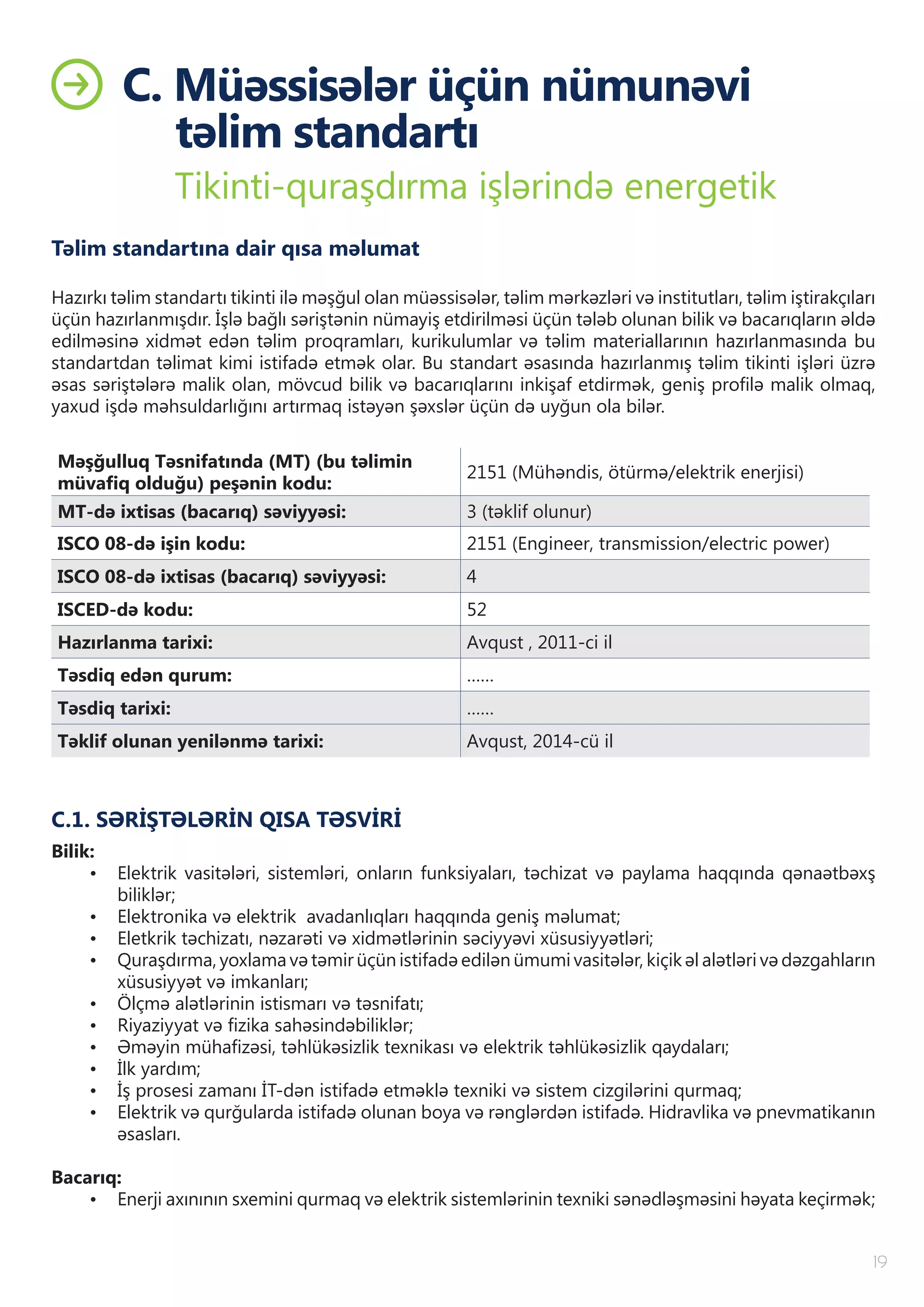 19
C. Müəssisələr üçün nümunəvi
təlim standartı
Tikinti-quraşdırma işlərində energetik
Təlim standartına dair qısa məlumat
Hazırkı təlim standartı tikinti ilə məşğul olan müəssisələr, təlim mərkəzləri və institutları, təlim iştirakçıları
üçün hazırlanmışdır. İşlə bağlı səriştənin nümayiş etdirilməsi üçün tələb olunan bilik və bacarıqların əldə
edilməsinə xidmət edən təlim proqramları, kurikulumlar və təlim materiallarının hazırlanmasında bu
standartdan təlimat kimi istifadə etmək olar. Bu standart əsasında hazırlanmış təlim tikinti işləri üzrə
əsas səriştələrə malik olan, mövcud bilik və bacarıqlarını inkişaf etdirmək, geniş profilə malik olmaq,
yaxud işdə məhsuldarlığını artırmaq istəyən şəxslər üçün də uyğun ola bilər.
Məşğulluq Təsnifatında (MT) (bu təlimin
müvafiq olduğu) peşənin kodu:
2151 (Mühəndis, ötürmə/elektrik enerjisi)
MT-də ixtisas (bacarıq) səviyyəsi: 3 (təklif olunur)
ISCO 08-də işin kodu: 2151 (Engineer, transmission/electric power)
ISCO 08-də ixtisas (bacarıq) səviyyəsi: 4
ISCED-də kodu: 52
Hazırlanma tarixi: Avqust , 2011-ci il
Təsdiq edən qurum: ……
Təsdiq tarixi: ……
Təklif olunan yenilənmə tarixi: Avqust, 2014-cü il
C.1. SƏRİŞTƏLƏRİN QISA TƏSVİRİ
Bilik:
•	 Elektrik vasitələri, sistemləri, onların funksiyaları, təchizat və paylama haqqında qənaətbəxş
biliklər;
•	 Elektronika və elektrik avadanlıqları haqqında geniş məlumat;
•	 Eletkrik təchizatı, nəzarəti və xidmətlərinin səciyyəvi xüsusiyyətləri;
•	 Quraşdırma, yoxlama və təmir üçün istifadə edilən ümumi vasitələr, kiçik əl alətləri və dəzgahların
xüsusiyyət və imkanları;
•	 Ölçmə alətlərinin istismarı və təsnifatı;
•	 Riyaziyyat və fizika sahəsindəbiliklər;
•	 Əməyin mühafizəsi, təhlükəsizlik texnikası və elektrik təhlükəsizlik qaydaları;
•	 İlk yardım;
•	 İş prosesi zamanı İT-dən istifadə etməklə texniki və sistem cizgilərini qurmaq;
•	 Elektrik və qurğularda istifadə olunan boya və rənglərdən istifadə. Hidravlika və pnevmatikanın
əsasları.
Bacarıq:
•	 Enerji axınının sxemini qurmaq və elektrik sistemlərinin texniki sənədləşməsini həyata keçirmək;
 