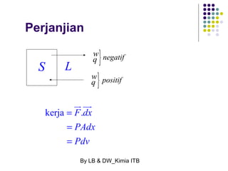 Perjanjian 
w}negatif 
q S L 
w} positif 
q 
kerja . 
F dx 
PAdx 
Pdv 
By LB & DW_Kimia ITB 
= 
= 
= 
ur uur 
 