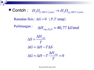  Contoh : 2 (l.100 C,1atm) 2 ( g.100 C,1atm) H O H O ° ° ® 
Ramalan fisis : DG = 0 ( P,T tetap) 
Perhitungan : 
, 2 40,77 kJ/mol vap H O DH = 
By LB & DW_Kimia ITB 
0 
vap 
vap 
H 
S 
T 
G H T S 
H 
G H T 
T 
D 
D = 
D = D - D 
D 
D = D - = 
 