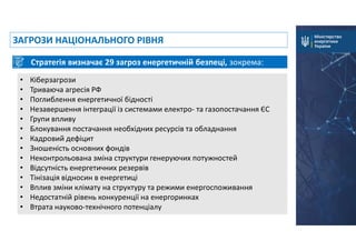 Стратегія визначає 29 загроз енергетичній безпеці, зокрема:
• Кіберзагрози
• Триваюча агресія РФ
• Поглиблення енергетичної бідності
• Незавершення інтеграції із системами електро- та газопостачання ЄС
• Групи впливу
• Блокування постачання необхідних ресурсів та обладнання
• Кадровий дефіцит
• Зношеність основних фондів
• Неконтрольована зміна структури генеруючих потужностей
• Відсутність енергетичних резервів
• Тінізація відносин в енергетиці
• Вплив зміни клімату на структуру та режими енергоспоживання
• Недостатній рівень конкуренції на енергоринках
• Втрата науково-технічного потенціалу
ЗАГРОЗИ НАЦІОНАЛЬНОГО РІВНЯ
 