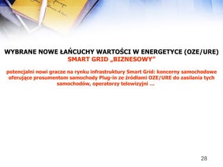 WYBRANE NOWE ŁAŃCUCHY WARTOŚCI W ENERGETYCE (OZE/URE) SMART GRID „BIZNESOWY” potencjalni nowi gracze na rynku infrastruktury Smart Grid: koncerny samochodowe oferujące prosumentom samochody Plug-in ze źródłami OZE/URE do zasilania tych samochodów, operatorzy telewizyjni …  