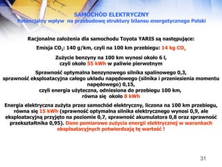 SAMOCHÓD ELEKTRYCZNY Potencjalny wpływ  na przebudowę struktury bilansu energetycznego Polski [ Racjonalne założenia dla samochodu Toyota YARIS są następujące: Emisja CO 2 : 140 g/km, czyli na 100 km przebiegu:  14 kg CO 2 Zużycie benzyny na 100 km wynosi około 6 l, czyli około  55 kWh  w paliwie pierwotnym Sprawność optymalna benzynowego silnika spalinowego 0,3, sprawność eksploatacyjna całego układu napędowego (silnika i przeniesienia momentu napędowego) 0,15, czyli energia użyteczna, odniesiona do przebiegu 100 km,  równa się  około  8 kWh Energia elektryczna zużyta przez samochód elektryczny, liczona na 100 km przebiegu, równa się  15 kWh  (sprawność optymalna silnika elektrycznego wynosi 0,9, ale eksploatacyjną przyjęto na poziomie 0,7, sprawność akumulatora 0,8 oraz sprawność przekształtnika 0,95).  Dane pomiarowe zużycia energii elektrycznej w warunkach eksploatacyjnych   potwierdzają tę  wartość   ! 