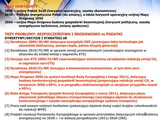TRZY HORYZONTY 2020 –   unijny Pakiet 3x20 (horyzont operacyjny, zasoby ekonomiczne) 2030 – Polityka energetyczna Polski (do zmiany), a także horyzont operacyjny unijnej Mapy Drogowej 2050 2050 – unijna Mapa Drogowa budowy gospodarki bezemisyjnej (horyzont polityczny, zasoby energetyczne techniczne, zmiany społeczne) TRZY PROBLEMY: BEZPIECZEŃSTWO I ŚRODOWISKO vs PODATKI DYREKTYWY/DECYZJE I STARATEGI UE [1] Dyrektywa 2009/28/WE dotycząca energetyki OZE (promująca takie technologie jak samochód elektryczny, pompa ciepła, paliwa drugiej generacji) [2] Dyrektywa 2010/75/WE w sprawie emisji przemysłowych (zaostrzająca wymagania w stosunku do źródeł emisji z segmentu ETS) [3] Decyzja non-ETS 2009/75/WE (wprowadzająca mechanizmy zarządzania redukcją emisji CO 2  w segmencie non-ETS) [4] Dyrektywa 2010/31/WE (kreująca zrównoważone budownictwo, w tym dom zero-energetyczny) [5] Mapa Drogowa 2050 (w postaci konkluzji Rady Europejskiej z lutego 2011), dotycząca budowy konkurencyjnej gospodarki bezemisyjnej (proponująca redukcję emisji CO 2  w horyzoncie 2050 o 80%, a w przypadku elektroenergetyki w skrajnym przypadku nawet o 95%) [6] Biała Księga Transportu (projekt Komisji Europejskiej z marca 2011), dotycząca planu utworzenia jednolitego obszaru transportowego (wyrażająca dążenie do zbudowania konkurencyjnego i zasobo-oszczędnego europejskiego systemu transportu) [7] Prace nad nowym unijnym budżetem (pokazujące dążenie dużej części krajów członkowskich do redukcji WPR) [8] Projekt rezolucji Parlamentu Europejskiego w sprawie priorytetów dotyczących infrastruktury energetycznej na 2020 r. i w dalszej perspektywie (2011/2034 (INI) 