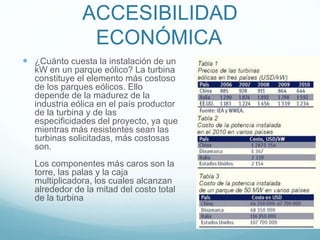 ACCESIBILIDAD
ECONÓMICA
 ¿Cuánto cuesta la instalación de un
kW en un parque eólico? La turbina
constituye el elemento más costoso
de los parques eólicos. Ello
depende de la madurez de la
industria eólica en el país productor
de la turbina y de las
especificidades del proyecto, ya que
mientras más resistentes sean las
turbinas solicitadas, más costosas
son.
Los componentes más caros son la
torre, las palas y la caja
multiplicadora, los cuales alcanzan
alrededor de la mitad del costo total
de la turbina
 