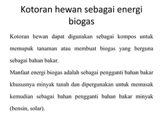 Kotoran hewan sebagai energi
biogas
Kotoran hewan dapat digunakan sebagai kompos untuk
memupuk tanaman atau membuat biogas yang berguna
sebagai bahan bakar.
Manfaat energi biogas adalah sebagai pengganti bahan bakar
khususnya minyak tanah dan dipergunakan untuk memasak
kemudian sebagai bahan pengganti bahan bakar minyak
(bensin, solar).
 