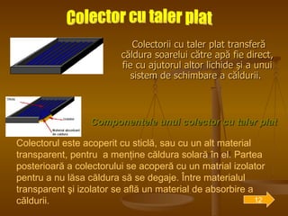 Componentele unui colector cu taler plat Colectorii cu taler plat transferă căldura soarelui către apă fie direct, fie cu ajutorul altor lichide şi a unui sistem de schimbare a căldurii.   Colector cu taler plat Colectorul este acoperit cu sticlă, sau cu un alt material transparent, pentru  a menţine căldura solară în el. Partea posterioară a colectorului se acoperă cu un matrial izolator pentru a nu lăsa căldura să se degaje. Între materialul transparent şi izolator se află un material de absorbire a căldurii. 12 