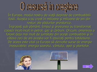 În Europa, modul nostru de viaţă depinde de combustibilii fosili. Aceştia s-au creat în milioane şi milioane de ani din   resturi ale pădurilor preistorice.  Îngropaţi sub pământ, timpul şi presiunea au transformat copacii încet-încet în petrol, gaz şi cărbuni. Oricum, omenirea a folosit deja mai mult de jumătate din aceşti combustibili şi în câteva zeci de ani aceştia vor fi epuizaţi pentru totdeauna.   De aceea este vital ca Europa să dezvolte surse de energie inepuizabile; energia soarelui, vântului, apei şi plantelor. O resursă in creştere 31 