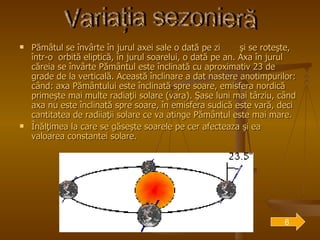 Pămâtul se învârte în jurul axei sale o dată pe zi  şi se roteşte, într-o  orbită eliptică, în jurul soarelui, o dată pe an. Axa în jurul căreia se învârte Pământul este înclinată cu aproximativ 23 de grade de la verticală. Această înclinare a dat nastere anotimpurilor: când: axa Pământului este înclinată spre soare, emisfera nordică primeşte mai multe radiaţii solare (vara). Şase luni mai târziu, când axa nu este înclinată spre soare, în emisfera sudică este vară, deci cantitatea de radiiaţii solare ce va atinge Pământul este mai mare.  Înălţimea la care se găseşte soarele pe cer afecteaza şi ea valoarea constantei solare. Variaţia sezonieră 6 