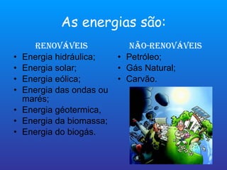 As energias são: Renováveis Energia hidráulica; Energia solar; Energia eólica; Energia das ondas ou marés; Energia géotermica, Energia da biomassa; Energia do biogás. Não-renováveis Petróleo; Gás Natural; Carvão. 