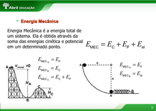 Energia Mecânica é a energia total de um sistema. Ela é obtida através da soma das energias cinética e potencial em um determinado ponto. Energia Mecânica 