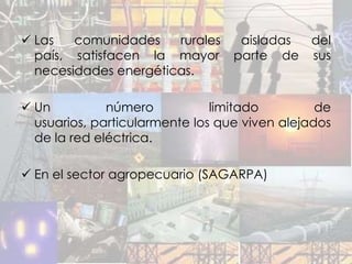  Las   comunidades    rurales     aisladas del
  país, satisfacen la mayor       parte de sus
  necesidades energéticas.

 Un          número           limitado         de
  usuarios, particularmente los que viven alejados
  de la red eléctrica.

 En el sector agropecuario (SAGARPA)
 