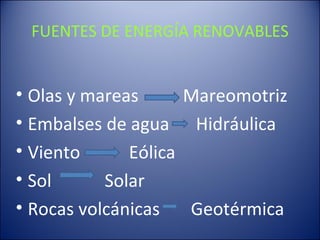 FUENTES DE ENERGÍA RENOVABLES Olas y mareas Mareomotriz Embalses de agua Hidráulica Viento Eólica Sol Solar Rocas volcánicas Geotérmica