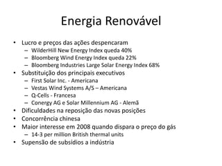 Energia Renovável
• Lucro e preços das ações despencaram
   – WilderHill New Energy Index queda 40%
   – Bloomberg Wind Energy Index queda 22%
   – Bloomberg Industries Large Solar Energy Index 68%
• Substituição dos principais executivos
   –   First Solar Inc. - Americana
   –   Vestas Wind Systems A/S – Americana
   –   Q-Cells - Francesa
   –   Conergy AG e Solar Millennium AG - Alemã
• Dificuldades na reposição das novas posições
• Concorrência chinesa
• Maior interesse em 2008 quando dispara o preço do gás
   – 14-3 per million British thermal units
• Supensão de subsídios a indústria
 