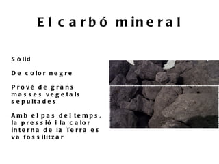 E l c a r b ó m in e r a l

S ò lid

D e c o lo r n e g r e

P ro vé d e g ra ns
m a s s e s v e g e t a ls
s e p u lt a d e s

A mb e l p a s d e l te mp s ,
la p r e s s ió i la c a lo r
i n t e r n a d e l a Te r r a e s
v a f o s s ilit z a r
 