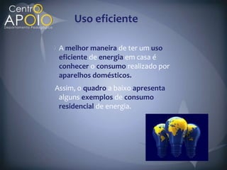 Uso eficiente

 A melhor maneira de ter um uso
 eficiente de energia em casa é
 conhecer o consumo realizado por
 aparelhos domésticos.
Assim, o quadro a baixo apresenta
 alguns exemplos de consumo
 residencial de energia.
 