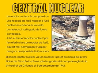 Un reactor nuclear és un aparell on una reacció de fissió nuclear o fusió nuclear en cadena és iniciada, controlada, i sostinguda de forma controlada. Si bé el terme "reactor nuclear" pot fer referència a un reactor de fusió, aquest mot normalment s'usa per designar un aparell de fissió nuclear. CENTRAL NUCLEAR El primer reactor nuclear va ser dissenyat i posat en marxa pel premi Nobel de Física Enrico Fermi sota les grades del camp de rugbi de la Universitat de Chicago el 2 de desembre de 1942. 