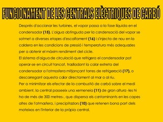 Després d'accionar les turbines, el vapor passa a la fase líquida en el condensador  (15) . L'aigua obtinguda per la condensació del vapor se sotmet a diverses etapes d'escalfament  (16)  i s'injecta de nou en la caldera en les condicions de pressió i temperatura més adequades per a obtenir el màxim rendiment del cicle.  El sistema d'aigua de circulació que refrigera el condensador pot operar-se en circuit tancat, traslladant la calor extreta del condensador a l'atmosfera mitjançant torres de refrigeració  (17),  o descarregant aquesta calor directament al mar o al riu.  Per a minimitzar els efector de la combustió de carbó sobre el medi ambient, la central posseeix una xemeneia  (11)  de gran altura -les hi ha de més de 300 metres-, que dispersa els contaminants en les capes altes de l'atmosfera, i precipitadors  (10)  que retenen bona part dels mateixos en l'interior de la pròpia central. FUNCIONAMENT DE LES CENTRALS ELÈCTRIQUES DE CARBÓ 