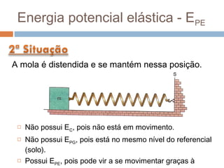 Energia potencial elástica - EPE


A mola é distendida e se mantém nessa posição.




    Não possui EC, pois não está em movimento.
    Não possui EPG, pois está no mesmo nível do referencial
     (solo).
    Possui EPE, pois pode vir a se movimentar graças à
 
