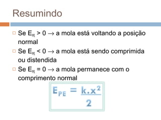 Resumindo
   Se EPE > 0 → a mola está voltando a posição
    normal
   Se EPE < 0 → a mola está sendo comprimida
    ou distendida
   Se EPE = 0 → a mola permanece com o
    comprimento normal
 