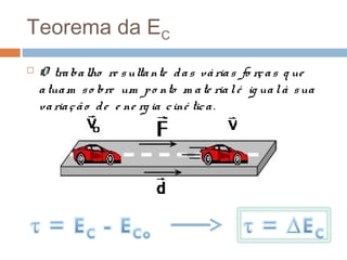 Teorema da EC
   O tra ba lho re s ulta nte d a s vá ria s fo rç a s q ue
    a tua m s o bre um p o nto m a te ria l é ig ua l à s ua
    va ria ç ã o d e e ne rg ia c iné tic a .
 