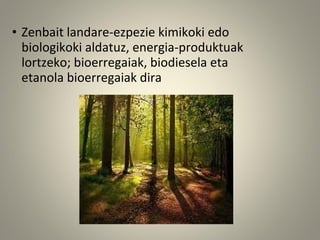 • Zenbait landare-ezpezie kimikoki edo
biologikoki aldatuz, energia-produktuak
lortzeko; bioerregaiak, biodiesela eta
etanola bioerregaiak dira
 