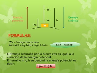 W
A
B
Energía
potencial h
ho
Energía
cinética
Ww = trabajo fuerza peso
Wx= wxd = m.g (AB) = m.g ( h.ho) =
El trabajo realizado por la fuerza (w) es igual a la
variación de la energía potencial.
El termino m.g.h se denomina energía potencial es
decir:
Ep= m.g.h
 