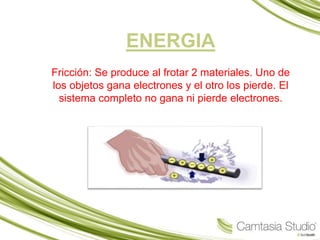 ENERGIA
Fricción: Se produce al frotar 2 materiales. Uno de
los objetos gana electrones y el otro los pierde. El
sistema completo no gana ni pierde electrones.
 