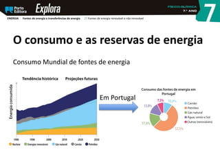 O consumo e as reservas de energia
Consumo Mundial de fontes de energia
Em Portugal
ENERGIA Fontes de energia e transferências de energia 27 Fontes de energia renovável e não renovável
 
