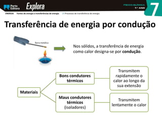 Transferência de energia por condução
Nos sólidos, a transferência de energia
como calor designa-se por condução.
Materiais
Bons condutores
térmicos
Transmitem
rapidamente o
calor ao longo da
sua extensão
Maus condutores
térmicos
(isoladores)
Transmitem
lentamente o calor
ENERGIA Fontes de energia e transferências de energia 29 Processos de transferência de energia
 