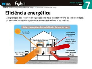 Eficiência energética
A exploração dos recursos energéticos não deve exceder o ritmo da sua renovação.
As emissões de resíduos poluentes devem ser reduzidas ao mínimo.
ENERGIA Fontes de energia e transferências de energia 29 Processos de transferência de energia
 
