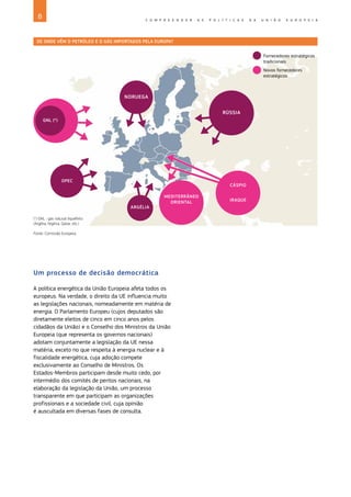 8 C O M P R E E N D E R A S P O L Í T I C A S D A U N I Ã O E U R O P E I A
Um processo de decisão democrática
A política energética da União Europeia afeta todos os
europeus. Na verdade, o direito da UE influencia muito
as legislações nacionais, nomeadamente em matéria de
energia. O Parlamento Europeu (cujos deputados são
diretamente eleitos de cinco em cinco anos pelos
cidadãos da União) e o Conselho dos Ministros da União
Europeia (que representa os governos nacionais)
adotam conjuntamente a legislação da UE nessa
matéria, exceto no que respeita à energia nuclear e à
fiscalidade energética, cuja adoção compete
exclusivamente ao Conselho de Ministros. Os
Estados‑Membros participam desde muito cedo, por
intermédio dos comités de peritos nacionais, na
elaboração da legislação da União, um processo
transparente em que participam as organizações
profissionais e a sociedade civil, cuja opinião
é auscultada em diversas fases de consulta.
OPEC
GNL (*)
CÁSPIO
IRAQUE
MEDITERRÂNEO
ORIENTAL
ARGÉLIA
NORUEGA
RÚSSIA
DE ONDE VÊM O PETRÓLEO E O GÁS IMPORTADOS PELA EUROPA?
Fornecedores estratégicos
tradicionais
Novos fornecedores
estratégicos
(*) GNL : gás natural liquefeito
(Argélia, Nigéria, Qatar, etc.)
Fonte: Comissão Europeia.
 