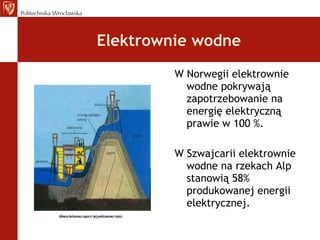 Elektrownie wodne W Norwegii elektrownie wodne pokrywają zapotrzebowanie na energię elektryczną prawie w 100 %. W Szwajcarii elektrownie wodne na rzekach Alp stanowią 58% produkowanej energii elektrycznej. 