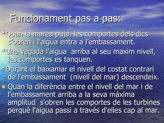 Funcionament pas a pas: *Quan la marea puja, les comportes dels dics s’obren i l’aigua entra a l’embassament. *Una vegada l’aigua  arriba al seu maxim nivell, les comportes es tanquen. *Durant el baixamar el nivell del costat contrari de l'embassament  (nivell del mar) descendeix.  Quan la diferència entre el nivell del mar i de l'embassament arriba a la seva màxima amplitud  s'obren les comportes de les turbines perquè l'aigua passi a través d'elles cap al mar.  