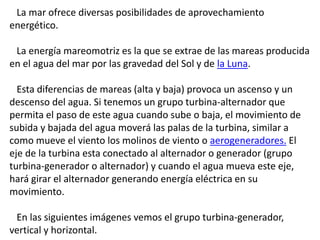 La mar ofrece diversas posibilidades de aprovechamiento
energético.
La energía mareomotriz es la que se extrae de las mareas producida
en el agua del mar por las gravedad del Sol y de la Luna.
Esta diferencias de mareas (alta y baja) provoca un ascenso y un
descenso del agua. Si tenemos un grupo turbina-alternador que
permita el paso de este agua cuando sube o baja, el movimiento de
subida y bajada del agua moverá las palas de la turbina, similar a
como mueve el viento los molinos de viento o aerogeneradores. El
eje de la turbina esta conectado al alternador o generador (grupo
turbina-generador o alternador) y cuando el agua mueva este eje,
hará girar el alternador generando energía eléctrica en su
movimiento.
En las siguientes imágenes vemos el grupo turbina-generador,
vertical y horizontal.
