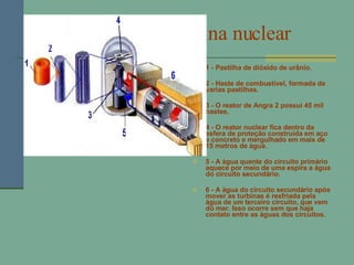 Como funciona a usina nuclear 1 - Pastilha de dióxido de urânio. 2 - Haste de combustível, formada de varias pastilhas. 3 - O reator de Angra 2 possui 45 mil hastes. 4 - O reator nuclear fica dentro da esfera de proteção construída em aço e concreto e mergulhado em mais de 15 metros de água. 5 - A água quente do circuito primário aquece por meio de uma espira a água do circuito secundário. 6 - A água do circuito secundário após mover as turbinas é resfriada pela água de um terceiro circuito, que vem do mar. Isso ocorre sem que haja contato entre as águas dos circuitos. 