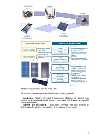 Gli impianti, che normalmente si realizzano, si distinguono in:

• stand-alone (isolati), nei quali è necessario integrare nel sistema una
batteria di accumulatori (impianto tipico per luoghi difficilmente raggiungibili
con la rete elettrica)
• impianti grid-connected, i quali sono connessi alla rete elettrica di
distribuzione locale (non necessitano di un sistema di accumulo)




                                                                              9
 