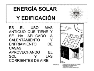 ES EL USO MAS ANTIGUO QUE TIENE Y SE HA APLICADO A CALENTAMIENTO Y ENFRIAMIENTO DE CASAS APROVECHANDO EL SOL  Y LAS CORRIENTES DE AIRE  Elaborado por  JAVIER ERNESTO CASTRILLON FORERO INGENIERO ELECTROMECANICO   ESPECIALISTA EN SAC TECNOLOGO EN ELECTROMECANICA   ENERGÍA SOLAR  Y EDIFICACIÓN 
